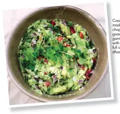  ??  ?? Coarsly mashed and chopped guacamole garnished with a handfull of fresh dhania.