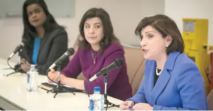  ?? ASHLEE REZIN/SUN-TIMES PHOTOS ?? Cook County State’s Attorney Anita Alvarez (center) and her opponents in the March 15 Democratic primary election, Kim Foxx (left) and Donna More, debate before the Chicago SunTimes Editorial Board in February.