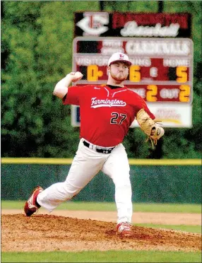  ?? MARK HUMPHREY ENTERPRISE-LEADER ?? Farmington’s Tyler Gregg pitched a complete game to lead the Cardinals past Alma, 6-0, during 5A West Conference play in April. Gregg became an All-State selection as a senior and was named to the 5A State tournament All-Tournament team. He will play...