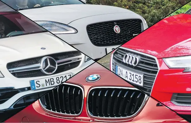  ??  ?? Clockwise from top: Jaguar E-Pace, Audi A3, BMW 2 Series, and Mercedes CLA are great choices if you’re looking to break into luxury auto brands.