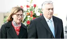  ?? ?? Hungarian Prime Minister Viktor Orban and his wife Aniko Levai arrive for the inaugurati­on ceremony of Hungary’s new President Tamas Sulyok (not pictured) in front of Sandor Palace in Budapest.