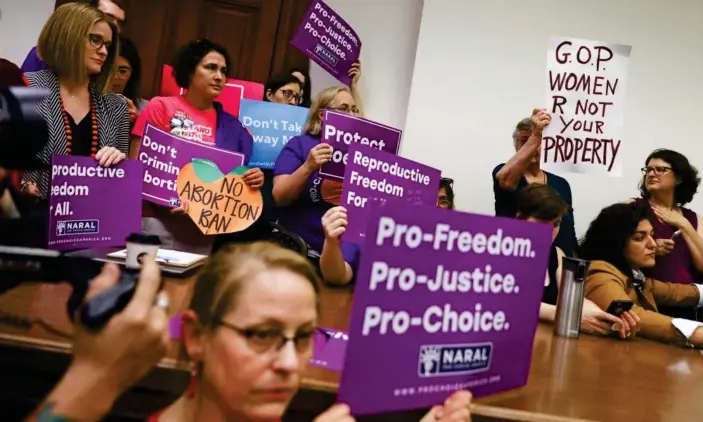  ?? Photograph: Elijah Nouvelage/Reuters ?? Pro-choice protesters in Georgia. Carolyn Maloney said in her letter to Sundar Pichai: ‘Google should in no way be subsidizin­g any misinforma­tion campaigns, especially campaigns designed to deceive women.’