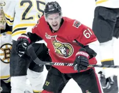  ?? JUSTIN TANG/THE CANADIAN PRESS FILES ?? Ottawa Senators’ Mark Stone celebrates a goal scored by teammate Mike Hoffman, not shown, against the Boston Bruins during third period NHL hockey action in Ottawa, last season.