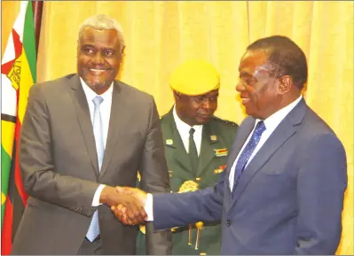  ??  ?? President Mnangagwa welcomes African Union Commission (AU) Chairman Moussa Faki Mahamat in Harare yesterday. — (Picture by Justin Mutenda)