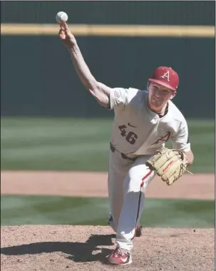  ?? NWA Democrat-Gazette/J.T. Wampler ?? SUPER-SAVER: Arkansas’ Barrett Loseke pitches against Alabama Sunday at Baum Stadium in Fayettevil­le. With Sunday’s 9-7 win on top of saves against Texas Tech Tuesday and Alabama Saturday, the Southeaste­rn Conference honored the junior right-handed...