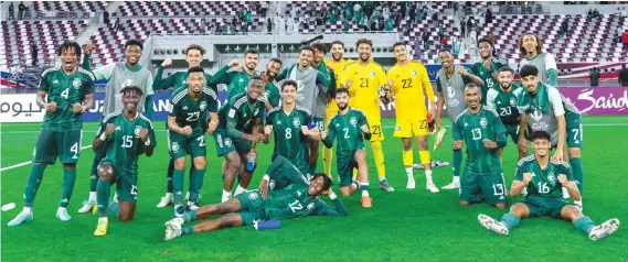  ?? X/@SaudiNT ?? Saudi players after beating Tajakistan in their AFC U-23 Asian Cup group opener Tuesday in Qatar. They next play Thailand on Friday and Iraq on April 22.