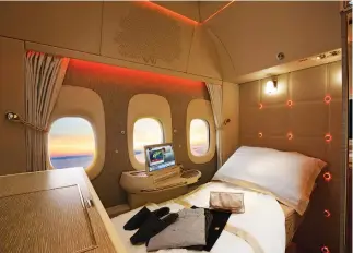  ??  ?? Emirates yesterday unveiled its latest first-class suite design at the Dubai Airshow. (Photo courtesy of Emirates)