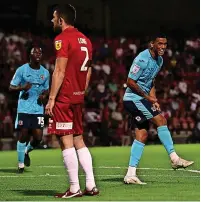  ?? ?? Josh Coley celebrates after making it 7-0 on Tuesday night