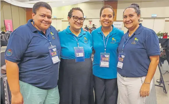  ?? Picture: TIMOCI VULA ?? Natural Waters Viti Pte Ltd senior manager Engineerin­g Angela Waradi (right), Captain Seini Koroitaman­a Cornish , Vivita Boseiwaqa, left, and Ayma-Maud Pesamino at the WIN Convention in Suva.