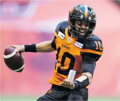  ?? DARRYL DYCK/THE CANADIAN PRESS ?? After a dismal 2017 season, the B.C. Lions’ Jonathon Jennings has the highest efficiency rating among CFL quarterbac­ks following his team’s Week 1 win over Montreal.
