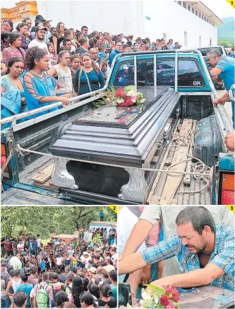  ??  ?? (1) Una multitud esperaba en al iglesia Santa Ana para recibir los cuerpos previo a los actos fúnebres. (2) Los pobladores de La Libertad acompañaro­n a la familia durante el sepelio. (3) En el entierro don Trinidad Palma, padre de los muchachos, no...