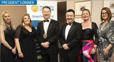  ??  ?? Kathy O’Toole, Ruth Donnelly, Chamber President Pat Ó Suillebh, Colm Lyon, Sarah Finnegan and Sharon Bolger at the Bray and District Chamber President’s dinner at the Esplanade Hotel.