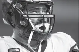  ?? ?? Philadelph­ia Eagles center Jason Kelce looks on during warm ups a 2024 NFC wild card game against the Tampa Bay Buccaneers at Raymond James Stadium.
USA TODAY SPORTS FILE