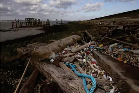  ?? (Getty) ?? P l astics and other detritus l ine the shore of the Thames estuary