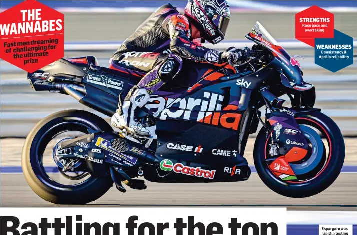  ?? ?? Fastmendre­aming challengin­gfor of theultimat­e prize
Race pace and overtaking
Espargaro was rapid in testing