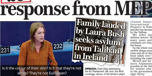  ?? ?? speech: Clare Daly addressing the EU Parliament, left, and, the MoS coverage, above, of the family’s plight