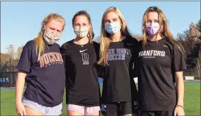  ?? Scott Ericson / Hearst Connecticu­t Media ?? Darien senior girls soccer captains Courtney Ball, Kate Chandler, Nelle Kniffen and Kate Bellissimo at Darien High School. Darien finished the regular season unbeaten at 10-0.