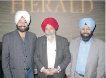  ??  ?? MLA Darshan Kang, centre, with Avi Sekhon, left, and Avinash Khangura at Dancing With Calgary Stars.