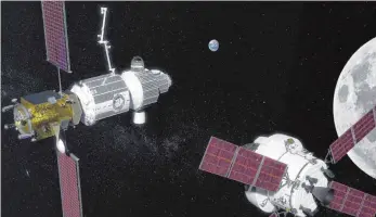  ?? FOTO: NASA/DPA ?? Unendliche Weiten: Die Computergr­afik zeigt die geplante Raumstatio­n „Deep Space Gateway“(links) und das Raumfahrze­ug Orion.