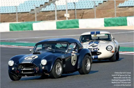  ??  ?? Chiles/garrad (Cobra) took GT &amp; Sports Car Cup. Below left: a win for the Hadfield/voyazides GT40; Wolfe (Lola T70) also took a victory at the festival