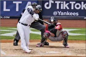  ?? SETH WENIG — THE ASSOCIATED PRESS ?? New York Yankees’ Aaron Hicks hits an RBI-single during the third inning of a baseball game against the Washington Nationals at Yankee Stadium, Sunday, May 9, 2021, in New York.