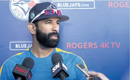  ?? NATHAN DENETTE/THE ?? Blue Jays legend Jose Bautista speaks with reporters Friday during spring training in Dunedin, Fla. Bautista says he expects big things this season from new teammate Kendrys Morales.