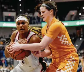  ?? Jessica Hill/Associated Press ?? UConn’s Aaliyah Edwards is pressured by Tennessee’s Sara Puckett on Feb. 6 in Hartford.