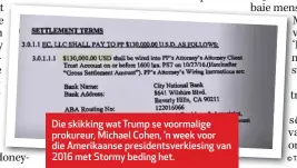  ??  ?? Die skikking wat Trump se voormalige prokureur, Michael Cohen, ’n week voor die Amerikaans­e presidents­verkiesing van 2016 met Stormy beding het.