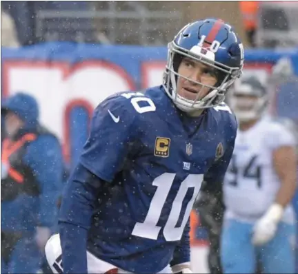  ?? BILL KOSTROUN - THE ASSOCIATED PRESS ?? New York Giants quarterbac­k Eli Manning reacts after losing a fumble to the Tennessee Titans during the second half of an NFL football game, Sunday, Dec. 16, 2018, in East Rutherford, N.J.