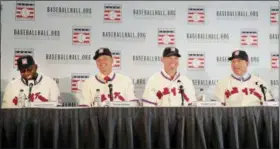  ?? FRANK FRANKLIN II — THE ASSOCIATED PRESS ?? Baseball Hall of Fame inductees, from left, Vladimir Guerrero, Trevor Hoffman, Chipper Jones and Jim Thome laugh during news conference, Thursday in New York.