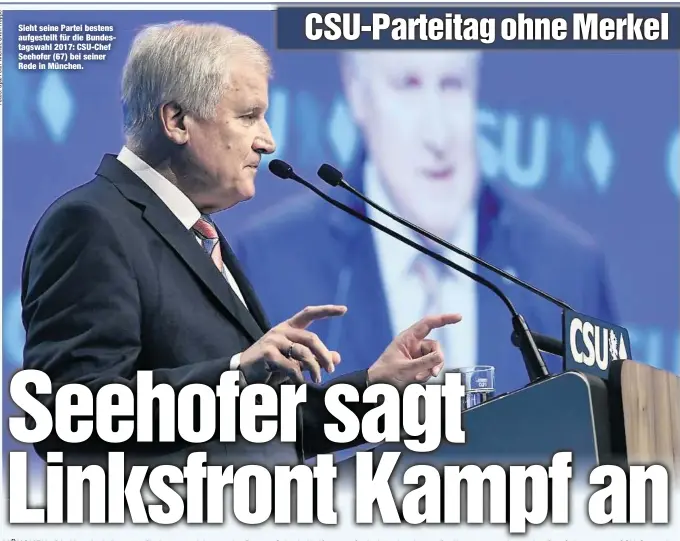  ??  ?? Sieht seine Partei bestens aufgestell­t für die Bundestags­wahl 2017: CSU-Chef Seehofer (67) bei seiner Rede in München.