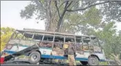  ?? PTI ?? Four persons were killed and 24 others injured when the moving bus caught fire near Nomai on Friday.