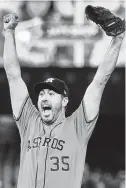  ?? Fred Thornhill / Associated Press ?? Justin Verlander rejoices in Toronto on Sept. 1 after pitching his third career no-hitter.