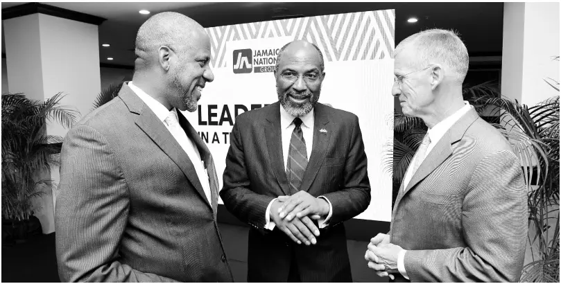  ?? CONTRIBUTE­D PHOTO ?? From left: Dr Wayne Henry, director general of the Planning Institute of Jamaica; Earl Jarrett, CEO, The Jamaica National Group; and retired United States army general Stanley McChrystal in conversati­on following a luncheon on leadership. The retired general was the main speaker at the luncheon, organised by The Jamaica National Group and held under the theme ‘Leadership in a Time of Change’. The event was held at The Jamaica Pegasus hotel last Thursday.