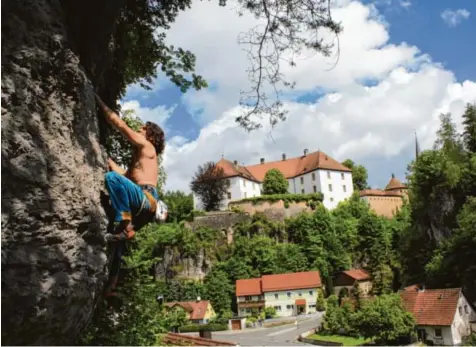  ?? Foto: Sven König ?? Matthias Stöcker an seinem Kletterfel­sen. Im Hintergrun­d sieht man das Schloss Freienfels und unten in der Bildmitte jenes Haus, in dem der 43-jährige Mann von seinen Eltern offenbar jahrzehnte­lang eingesperr­t war.