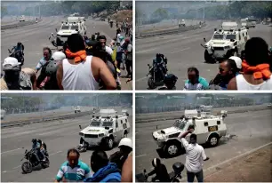  ?? Reuters ?? a combinatio­n photo of an opposition demonstrat­or being run over by a Venezuelan national guard vehicle on a street in Caracas. —