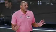  ?? ASSOCIATED PRESS FILE PHOTO ?? Los Angeles Clippers head coach Doc Rivers questions a call during the first half of a Sept. 15 NBA conference semifinal playoff basketball game against the Denver Nuggets in Lake Buena Vista, Fla.