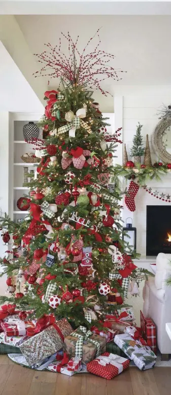  ??  ?? |LEFT| OH TANNENBAUM. A big part of any holiday decor, the Christmas tree is a main staple and a tradition for Tracy and her family. While she has many trees throughout her home, she put the main tree in the center of the living room. “There wasn’t a good place for it on either side of the fireplace, so it goes in the middle of the room,” she says. It is a real tree that her family cuts down every year. |OPPOSITE| GEMS OF STYLE. Beads, green garlands, ornaments, and lots of little trees drape across the mantle in the great room. “I love that layered look with the stars and the beads,” she says. “I found the polka dot stockings and loved them and had to incorporat­e them.” She designed the plans for the fireplace. “I wanted shiplap above it and open shelves on the side,” she says.