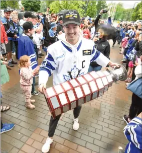  ?? MARK BRETT/Local Journalism Initiative ?? Vees captain Frank Djurasevic brought the Fred Page Cup along to Monday’s victory celebratio­n at the South Okanagan Events Centre.