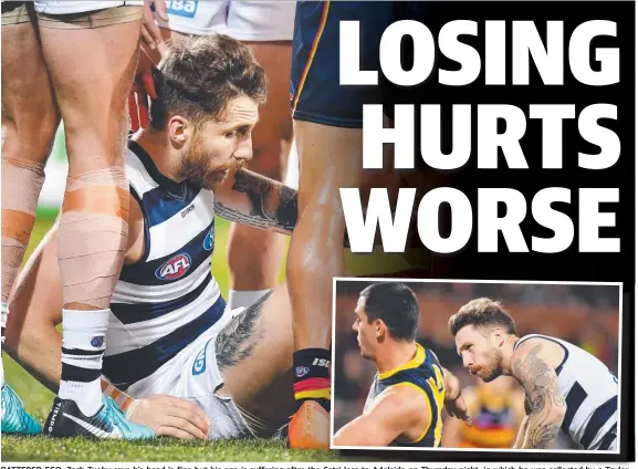  ?? Pictures: DANIEL KALISZ/GETTY IMAGES ?? BATTERED EGO: Zach Tuohy says his head is fine but his ego is suffering after the Cats’ loss to Adelaide on Thursday night, in which he was collected by a Taylor Walker bump. The Crows’ captain was yesterday offered a one-match suspension for the bump.