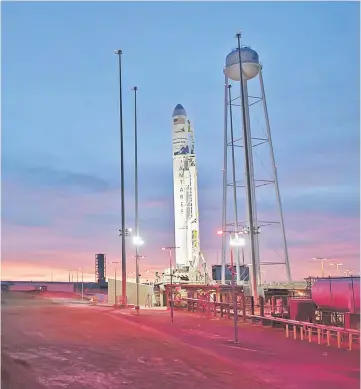  ?? — AFP photo ?? The Orbital ATK Antares rocket, with the Cygnus spacecraft onboard, is seen on launch Pad-0A at Nasa’s Wallops Flight Facility in Virginia.