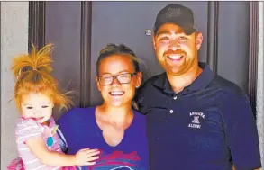  ??  ?? Dennis and Liz Callipare, along with their daughter Alexandria, relax in their new home at the gated Stetson Trails neighborho­od by Woodside Homes.