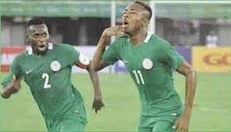  ??  ?? One of the confirmed invitee for AFCON U-23 tournament, Kelechi Nwakali, celebratin­g a goal in the match against Atletico Madrid in Uyo last year