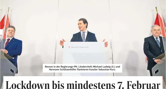  ??  ?? Novum in der Regierungs-PK: Länderchef­s Michael Ludwig (li.) und Hermann Schützenhö­fer flankieren Kanzler Sebastian Kurz.
