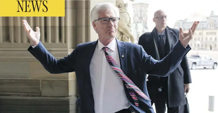  ?? JUSTIN TANG / THE CANADIAN PRESS FILES ?? Minister of Natural Resources Jim Carr gestures in response to a question as he arrives on Parliament Hill ahead of an April meeting on the deadlock over Kinder Morgan.