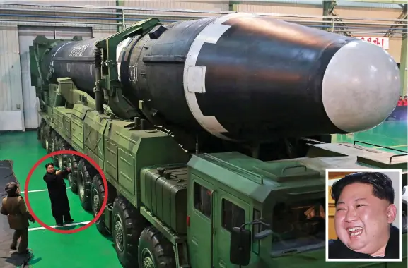  ??  ?? Threat: North Korea’s Hwasong-15 missile, which was launched on Tuesday, towers over 5ft 6in dictator Kim Jong-Un, circled and inset