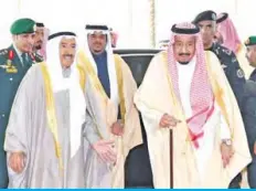  ??  ?? King Salman bin Abulaziz Al-Saud welcomes His Highness the Amir Sheikh Sabah Al-Ahmad Al-Jaber Al-Sabah to the 39th GCC Summit.