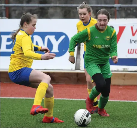  ??  ?? Kerry’s Lucy O’Sullivan Kerry (green) and Jenna Coen, South Tipperary, in action during the Gaynor Cup Inter-league U-13 game played in Mounthawk Park last Sunday. Photo by Domnick Walsh