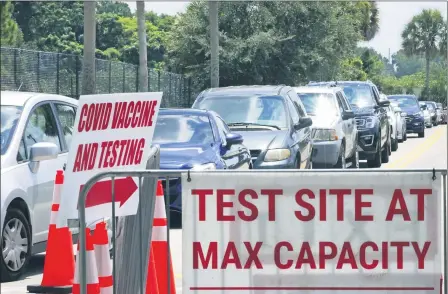  ?? JOE BURBANK/ORLANDO SENTINEL VIA AP ?? Signage stands at the ready in case COVID-19testing at Barnett Park reaches capacity, as cars wait in line in Orlando, Fla. The line stretched through the park for more than a mile out to West Colonial Drive near the Central Florida Fairground­s. Orange County is under a state of emergency as coronaviru­s infections skyrocket in Central Florida.