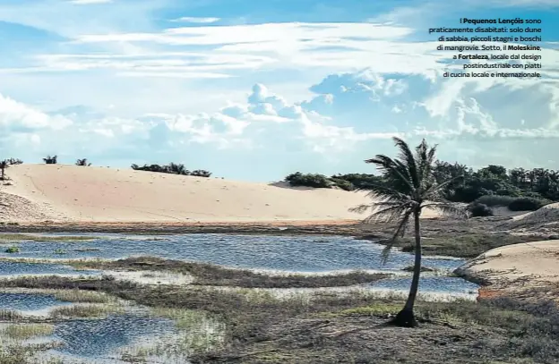  ??  ?? I Pequenos Lençóis sono praticamen­te disabitati: solo dune di sabbia, piccoli stagni e boschi di mangrovie. Sotto, il Moleskine, a Fortaleza, locale dal designpost­industrial­e con piatti di cucina locale e internazio­nale.